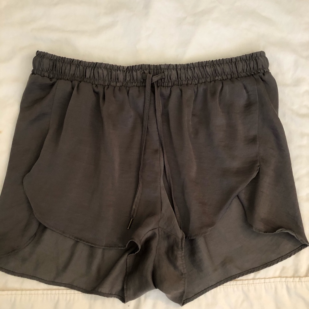 Olive green silk drawstring shorts